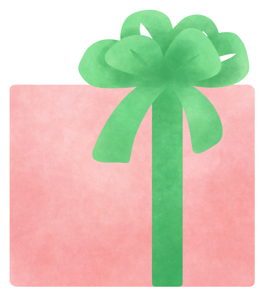 pink gift box and big green ribbon, hand-drawn painting png