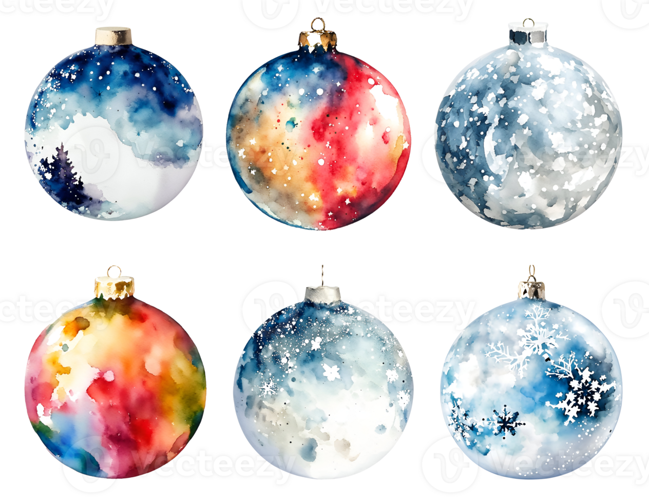 ai generiert Sammlung von Weihnachten Ornament Bälle, schneebedeckt Szene malen, Aquarell png