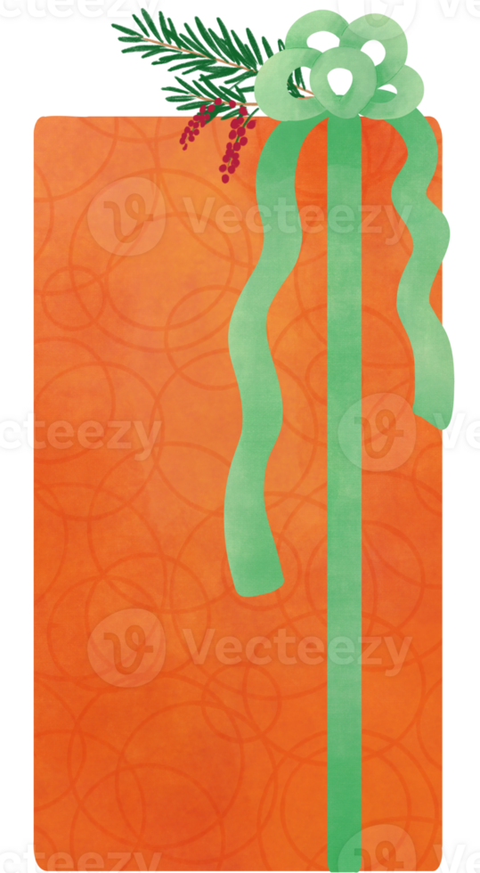 oranje geschenk doos en groen lint, hand getekend schilderij png