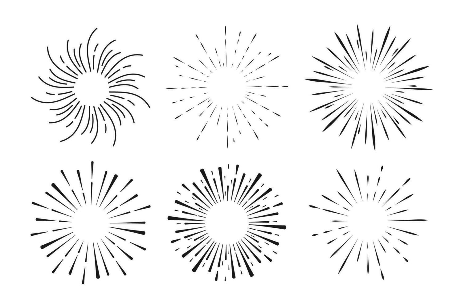 Set Fireworks, rays, sunburst frames circle border decoration, sparkle in doodle style, line sketch explosion isolated on white background. Vector illustration