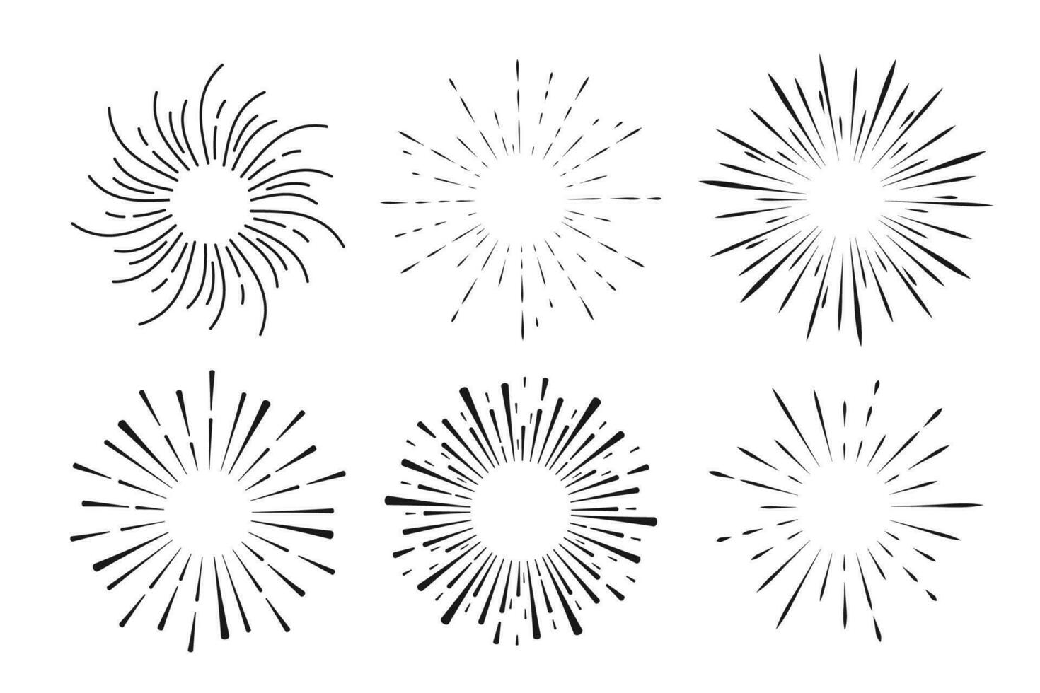 conjunto fuegos artificiales, rayos, rayos de sol marcos circulo frontera decoración, brillar en garabatear estilo, línea bosquejo explosión aislado en blanco antecedentes. vector ilustración