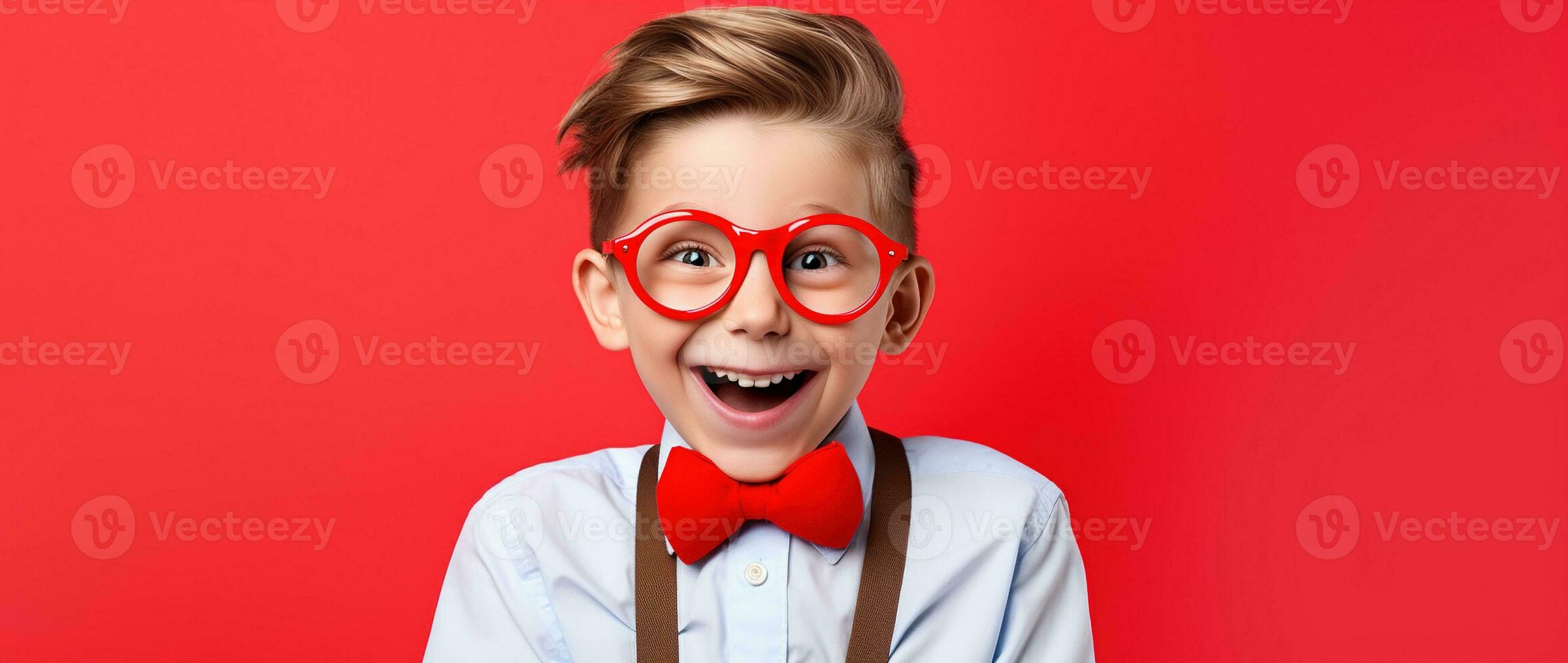 AI generated Happy little boy with red hearts on Valentine's Day. photo