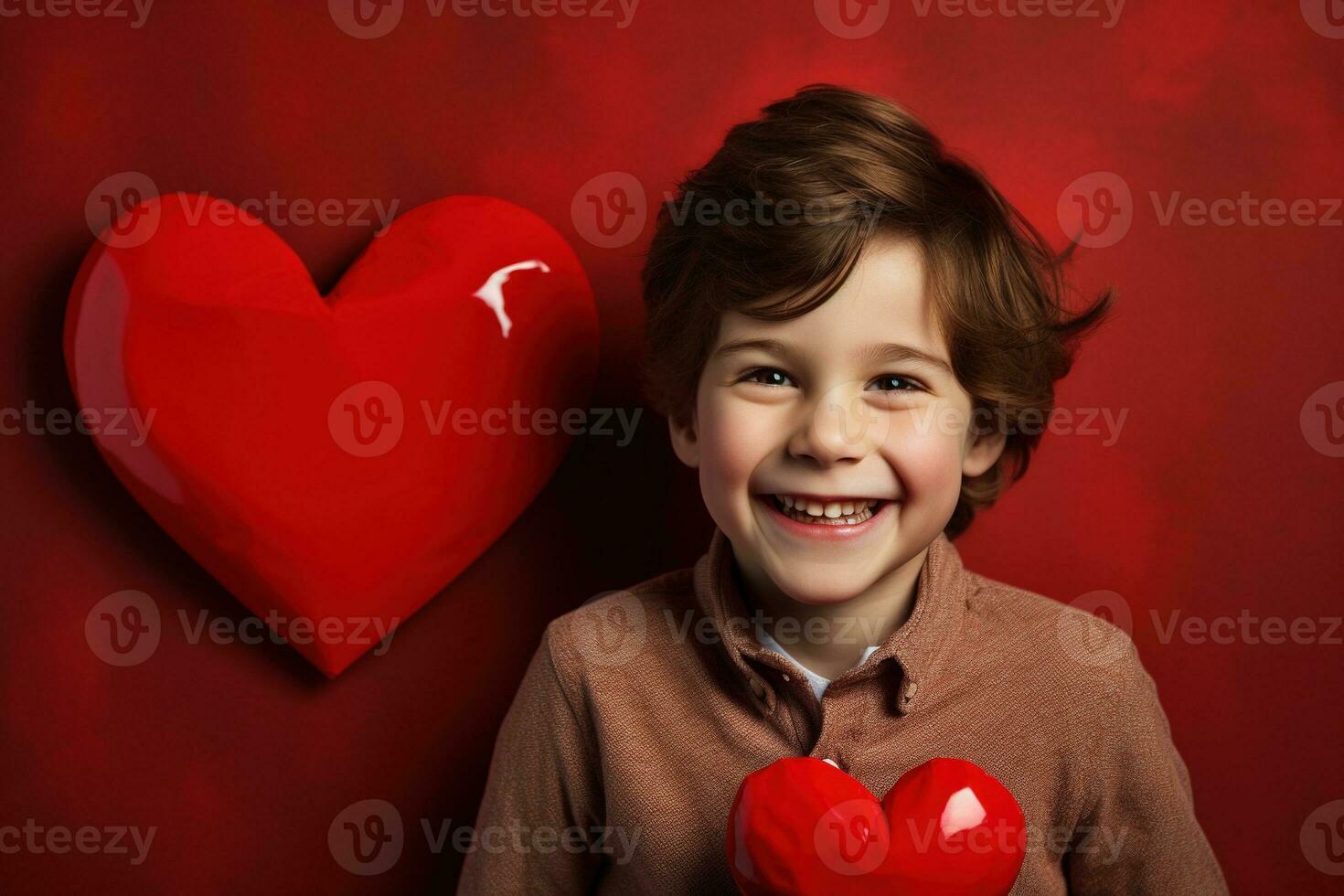 AI generated Happy little boy with red hearts on Valentine's Day. photo