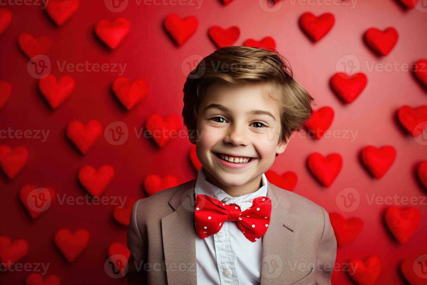 AI generated Happy little boy with red hearts on Valentine's Day. photo