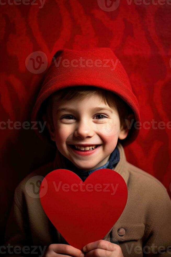 ai generado contento pequeño chico con rojo corazones en San Valentín día. foto