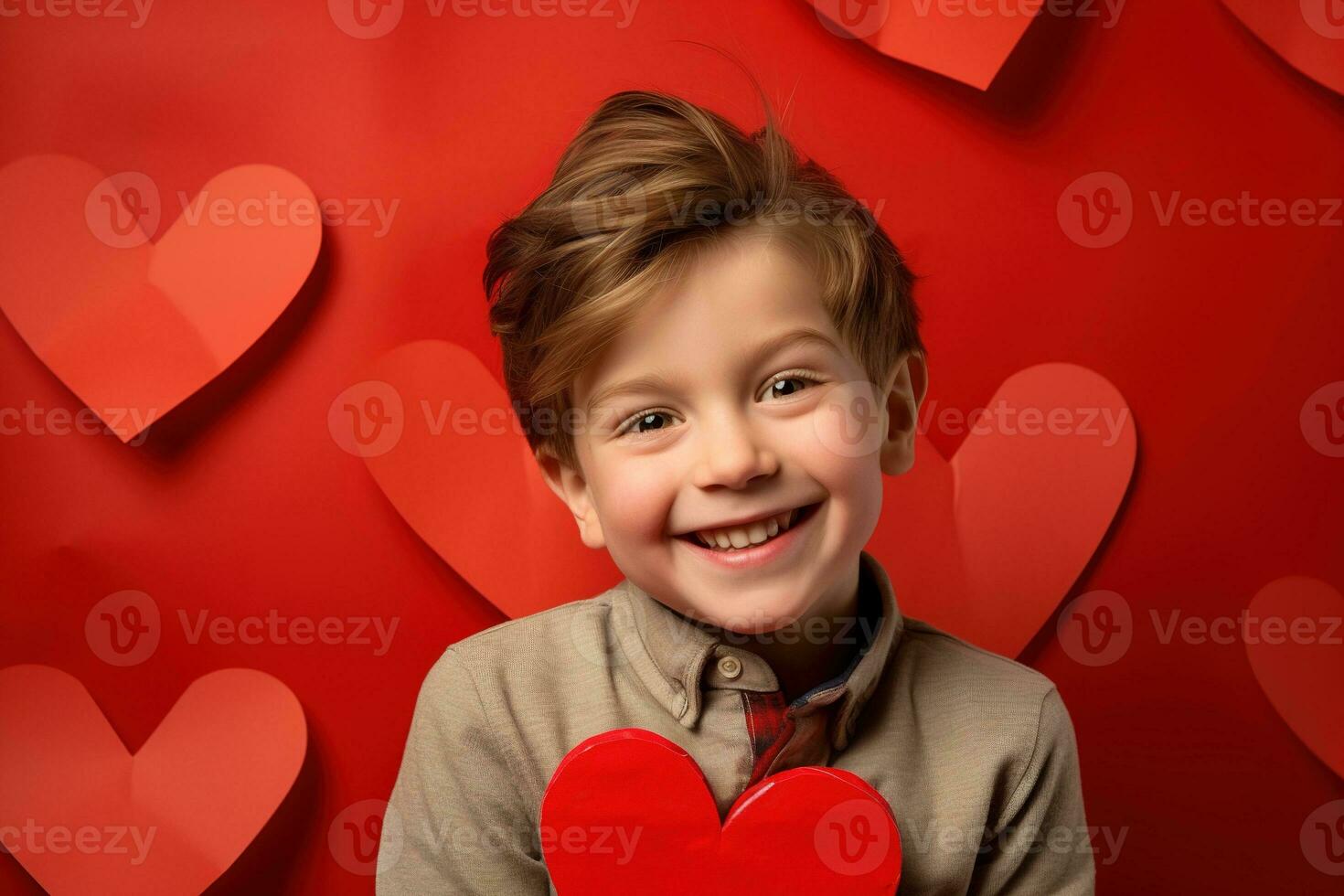 AI generated Happy little boy with red hearts on Valentine's Day. photo