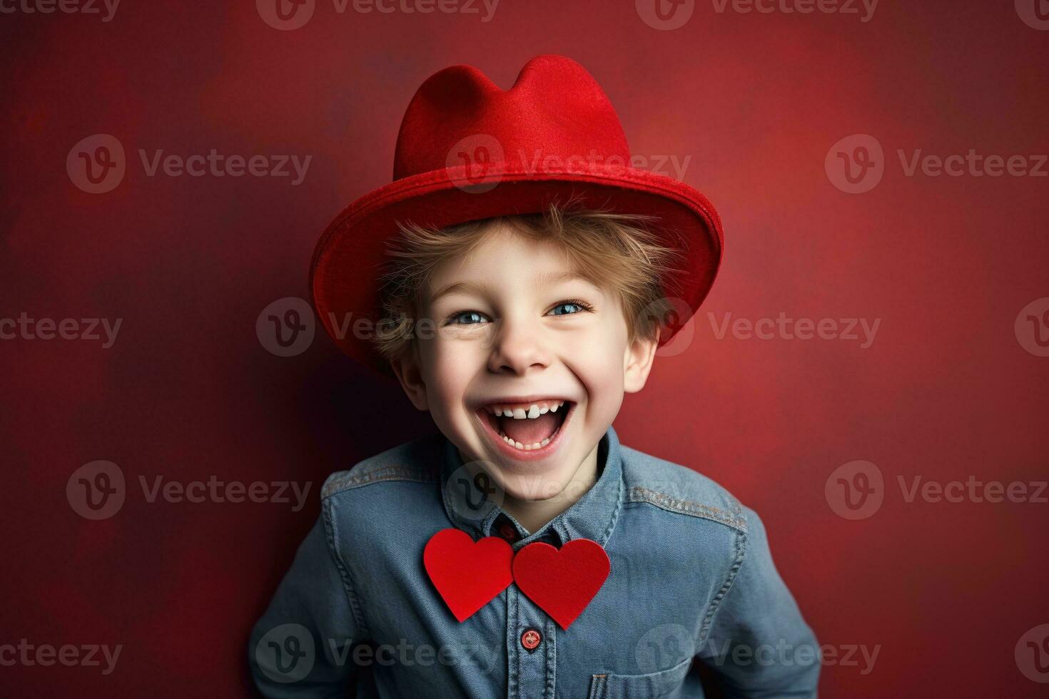 AI generated Happy little boy with red hearts on Valentine's Day. photo