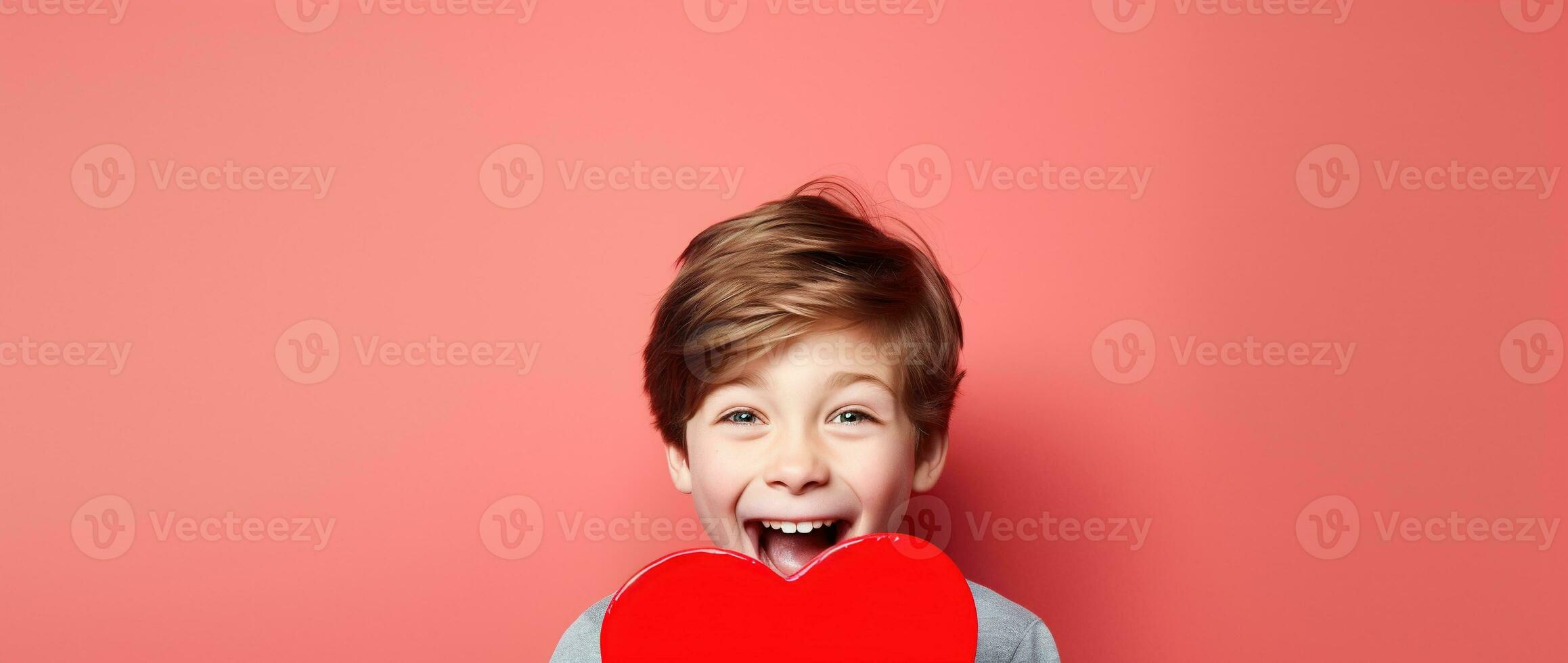 AI generated Happy little boy with red hearts on Valentine's Day. photo