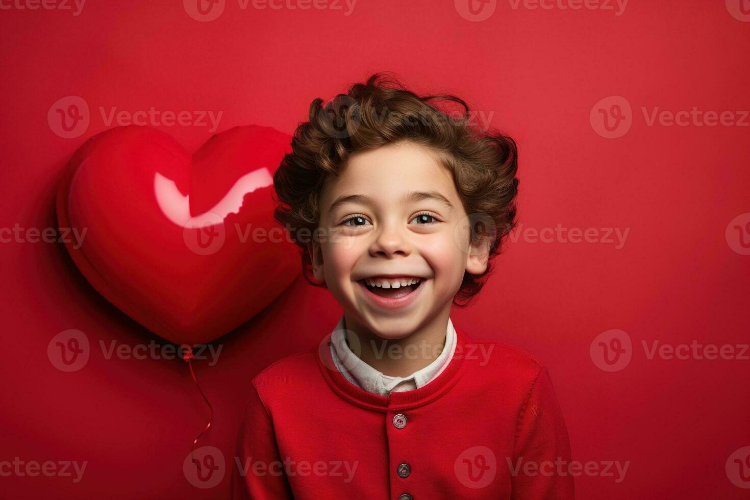 AI generated Happy little boy with red hearts on Valentine's Day. photo