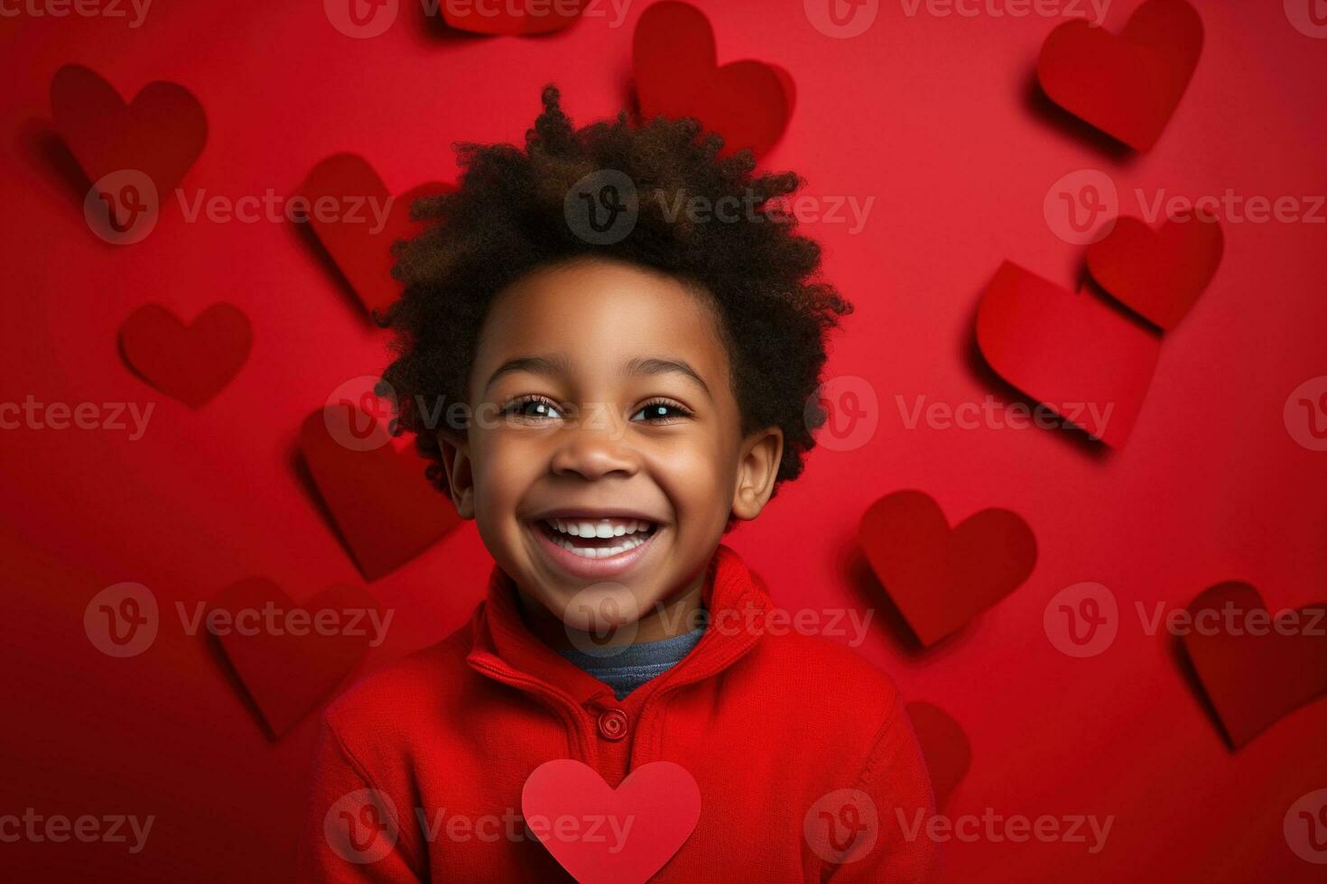 AI generated Happy little boy with red hearts on Valentine's Day. photo