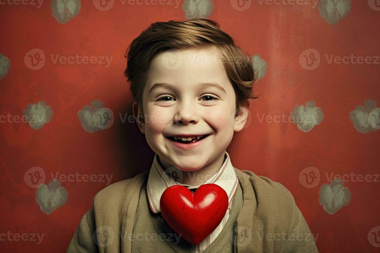AI generated Happy little boy with red hearts on Valentine's Day. photo