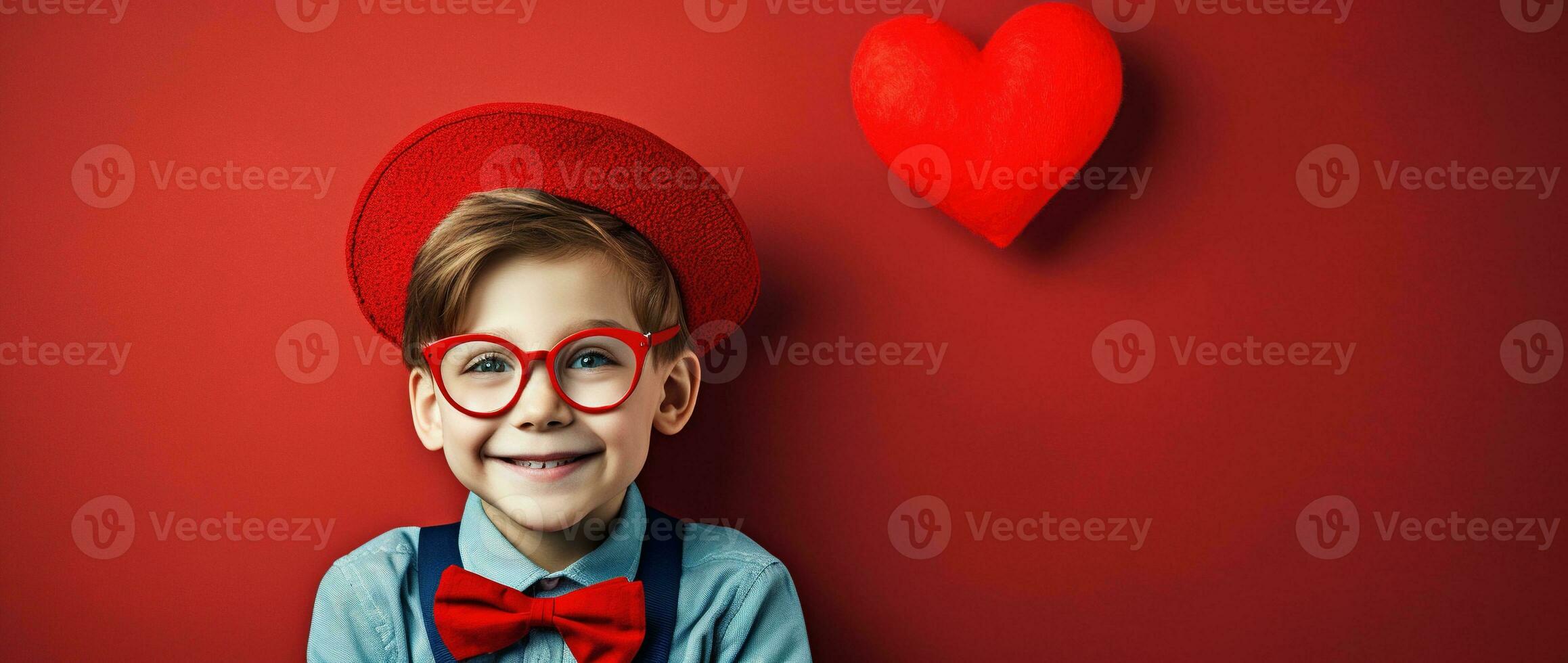 AI generated Happy little boy with red hearts on Valentine's Day. photo