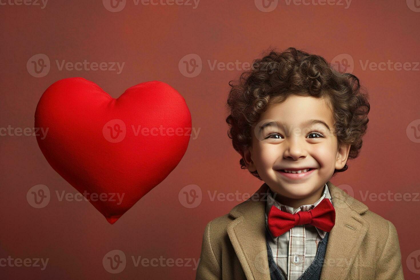 AI generated Happy little boy with red hearts on Valentine's Day. photo