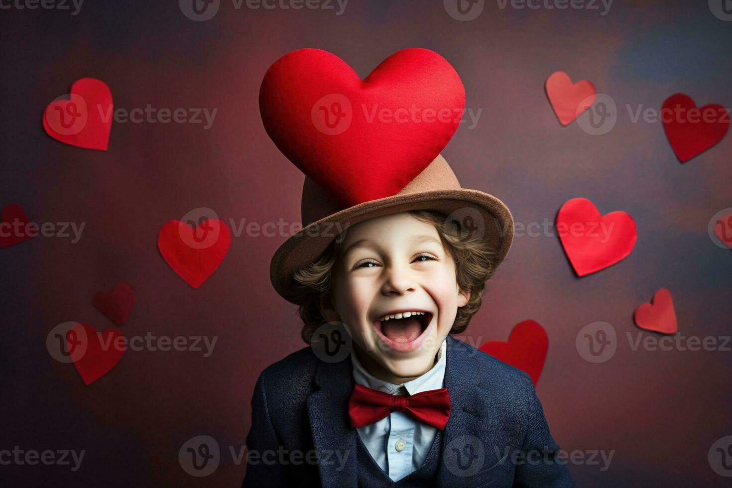 AI generated Happy little boy with red hearts on Valentine's Day. photo