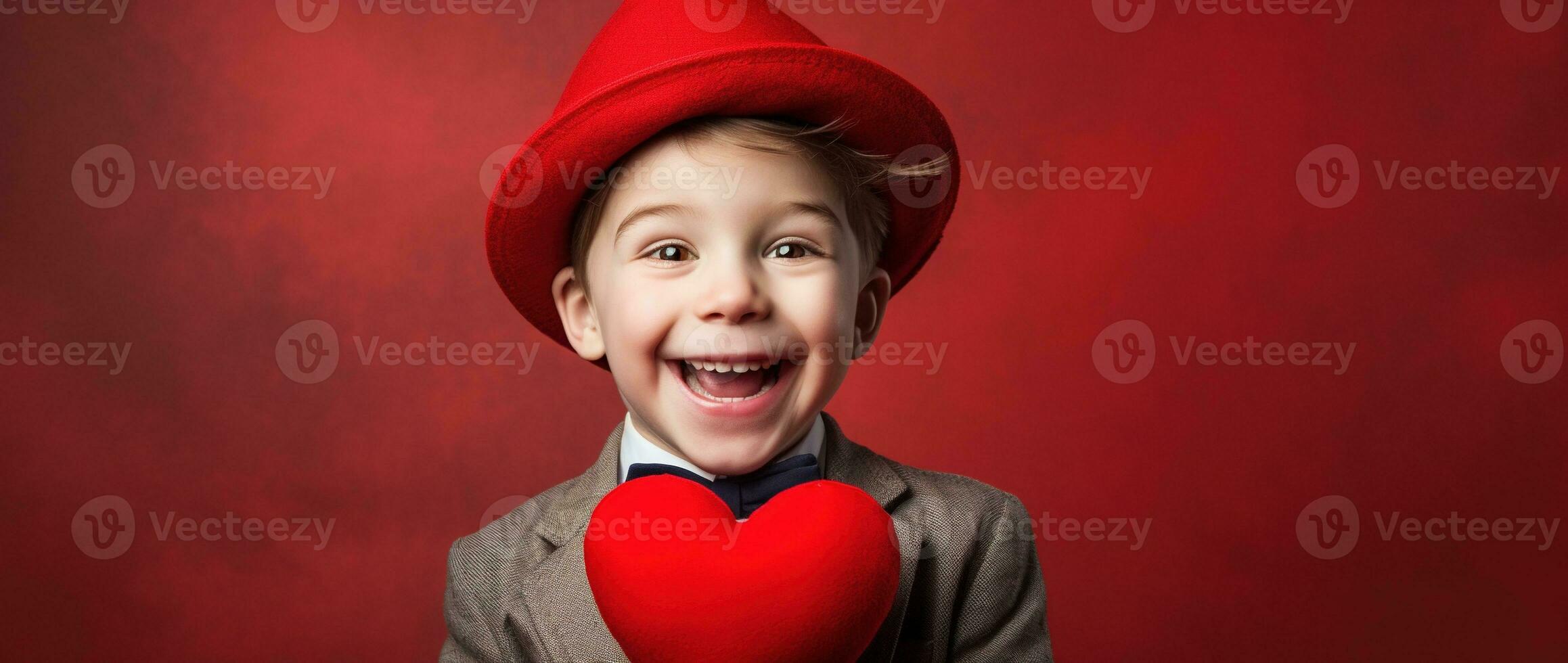 AI generated Happy little boy with red hearts on Valentine's Day. photo