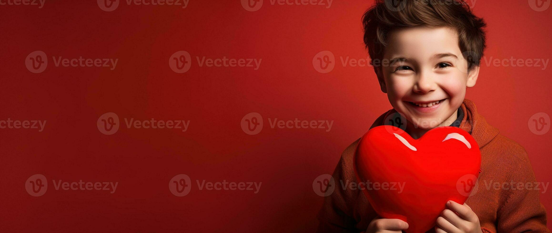 AI generated Happy little boy with red hearts on Valentine's Day. photo