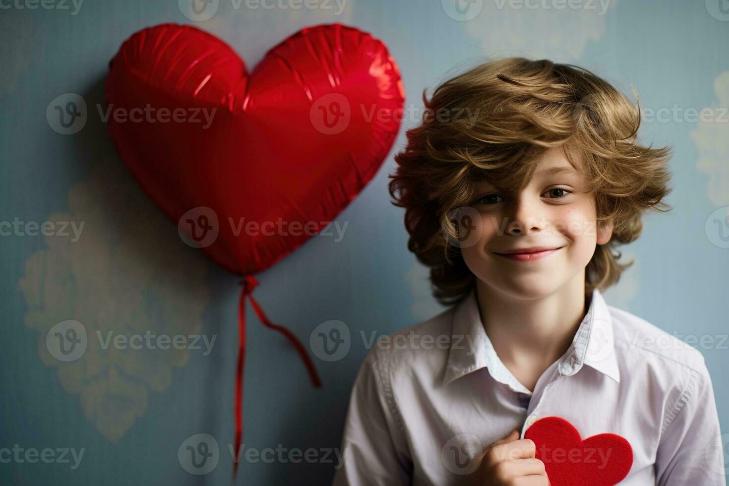 AI generated Happy little boy with red hearts on Valentine's Day. photo
