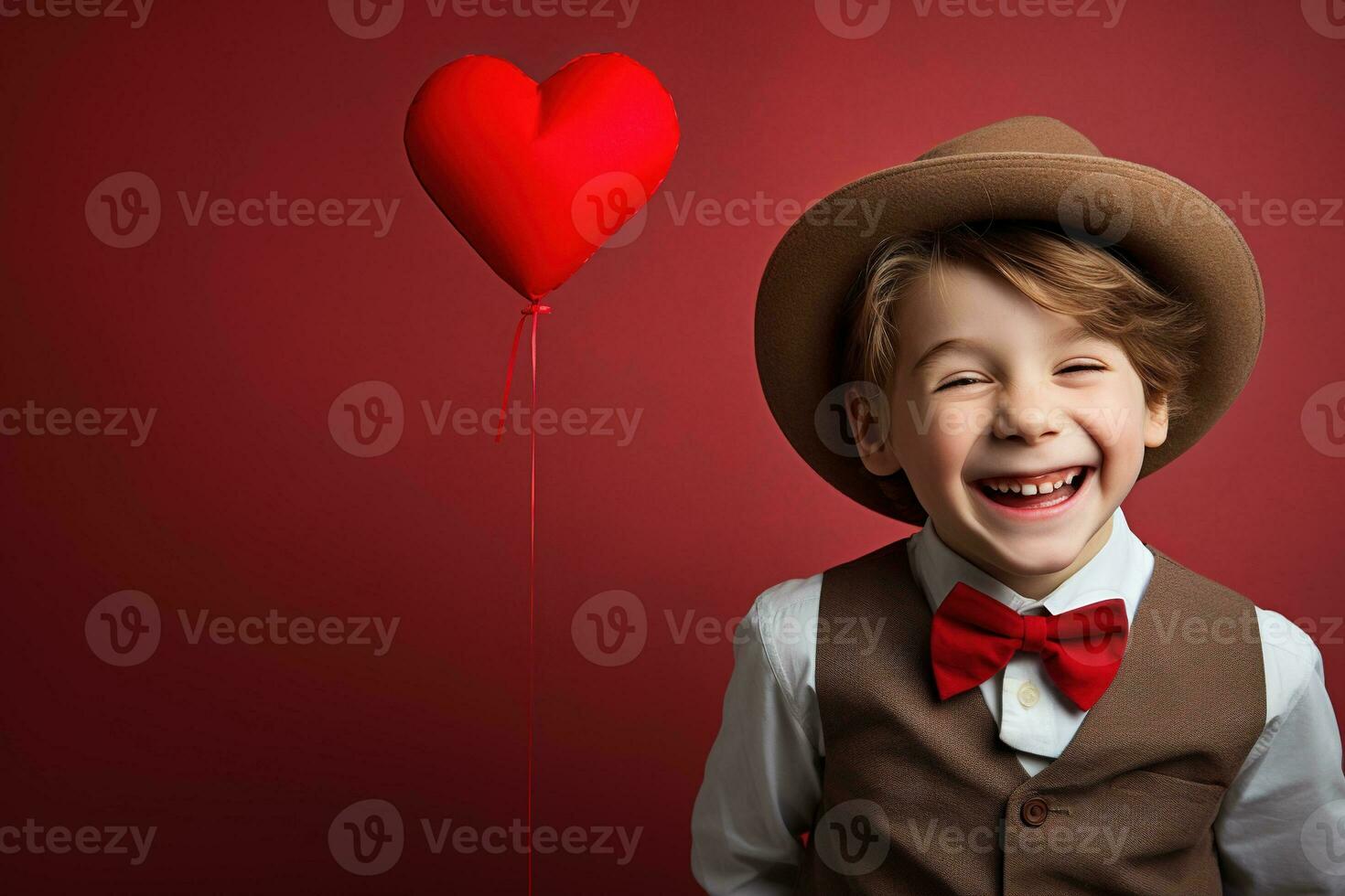 AI generated Happy little boy with red hearts on Valentine's Day. photo