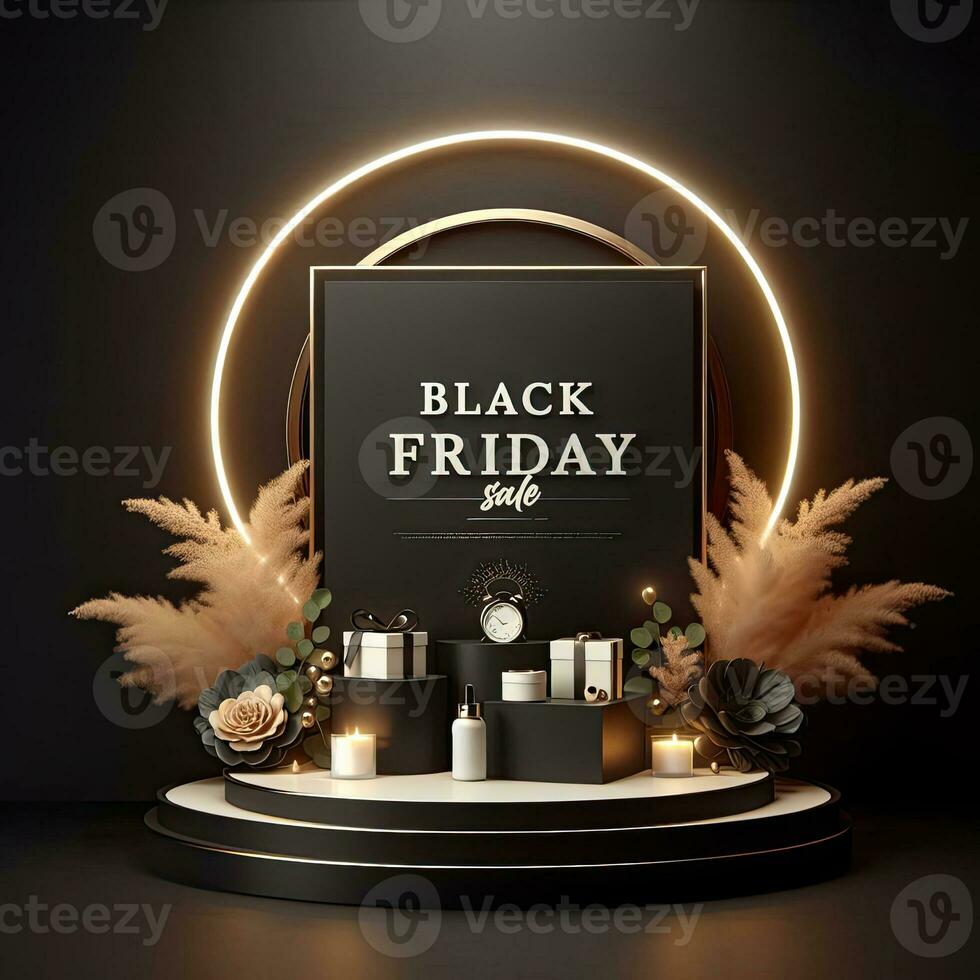 AI generated Black Friday elegant and luxury podium, banner template background photo