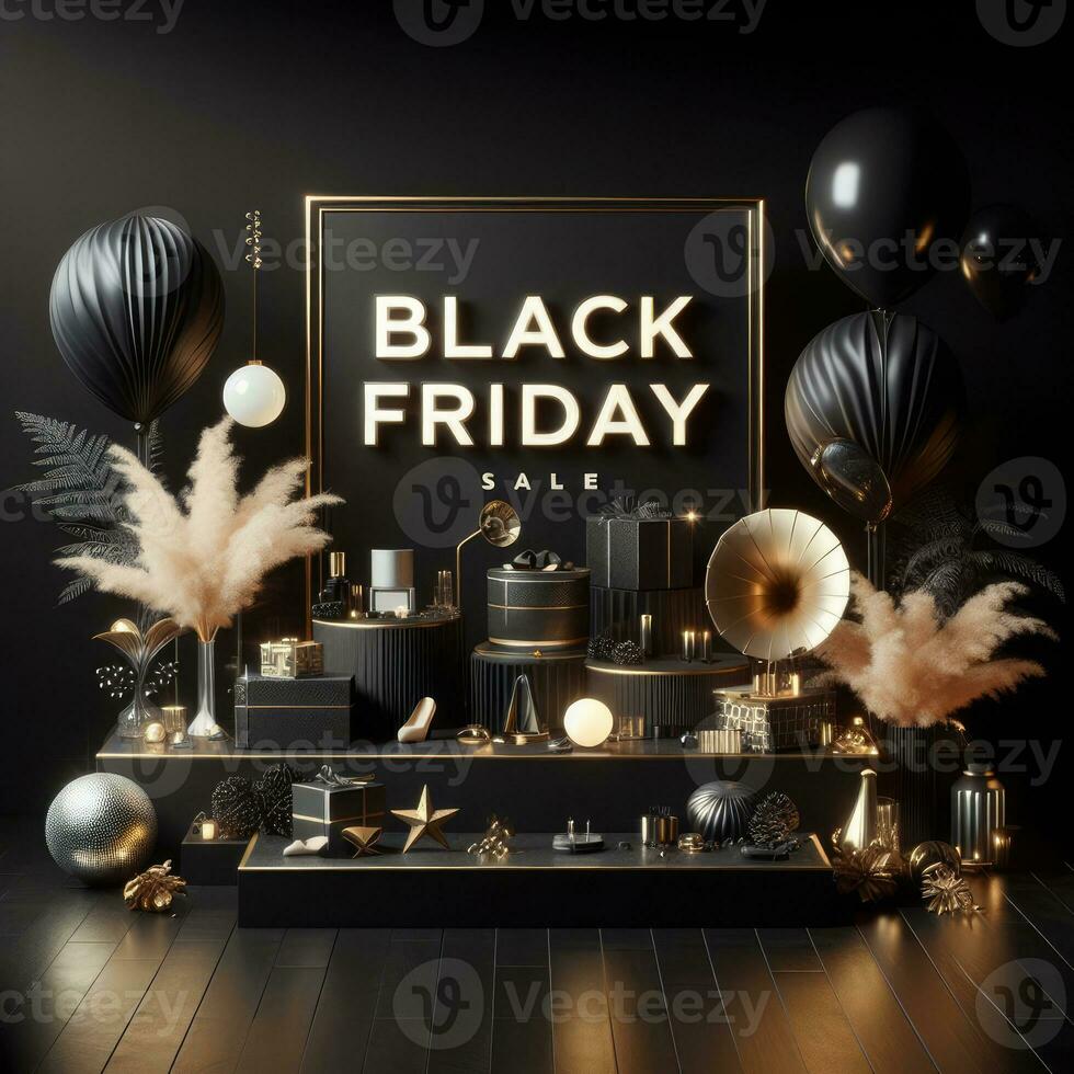 AI generated Black Friday elegant and luxury podium, banner template background photo