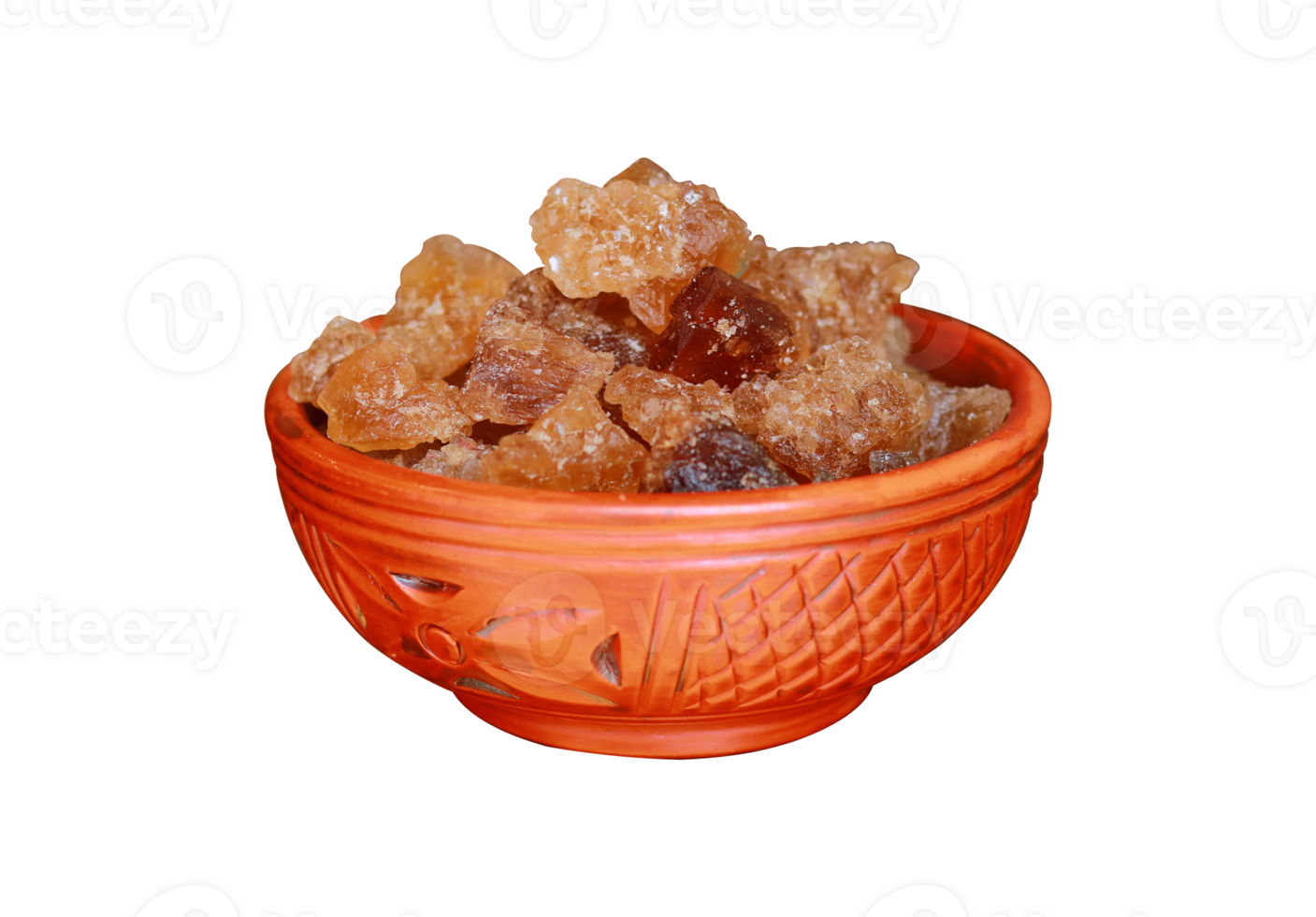 Cubes of organic palm tree rock sugar in a bowl isolated on a transparent background, Clipping path included for easy selection png