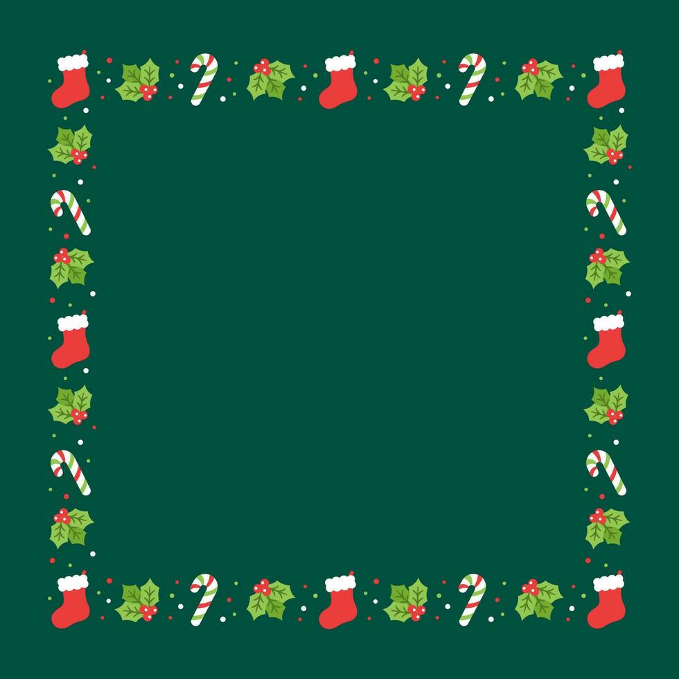 Square Christmas Frame Border, Winter Holiday Graphics. Cute Mistletoe and Candy Cane pattern, card and social media post template vector illustration.