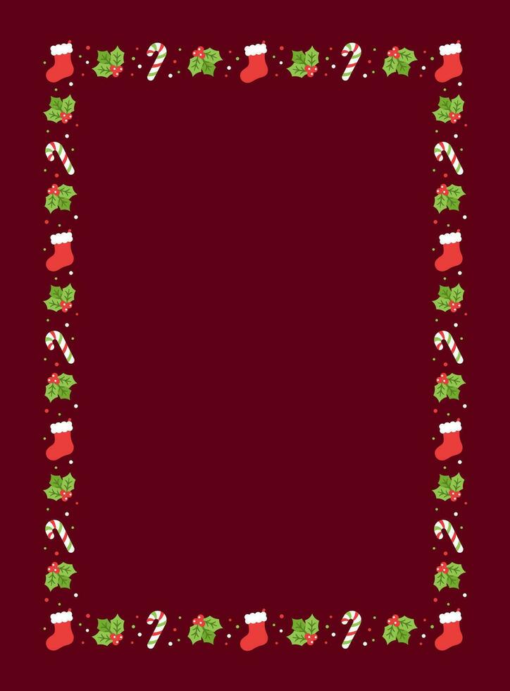 Vertical Rectangle Christmas Frame Border, Winter Holiday Graphics. Cute Mistletoe and Candy Cane pattern, card and social media post template vector illustration.