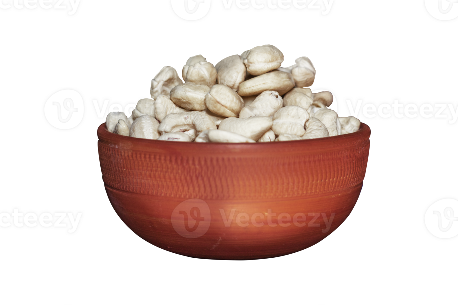 Cashew nuts in a clay bowl isolated on a transparent background, A Clipping path is included for easy selection png
