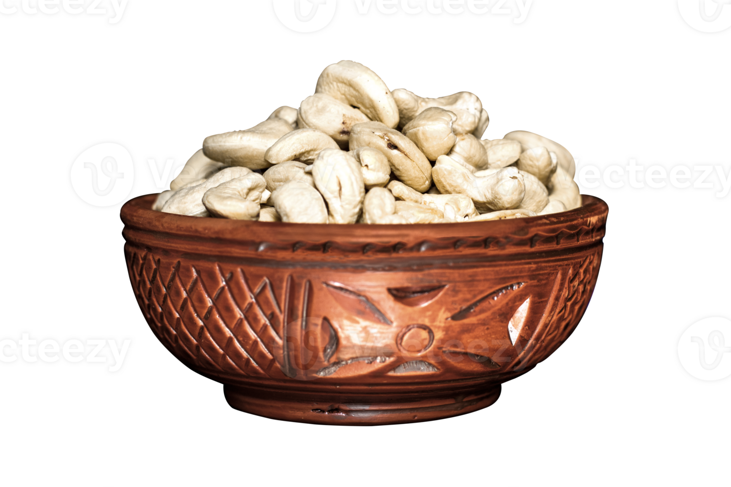 Cashew nuts in a clay bowl isolated on a transparent background, A Clipping path is included for easy selection png