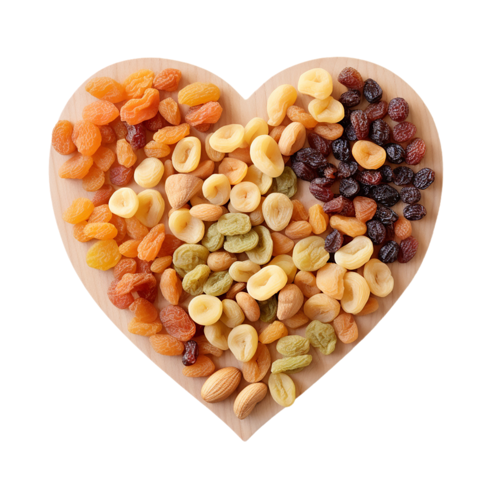 AI generated fresh dried fruits and nuts in heart shape on transparent background PNG image