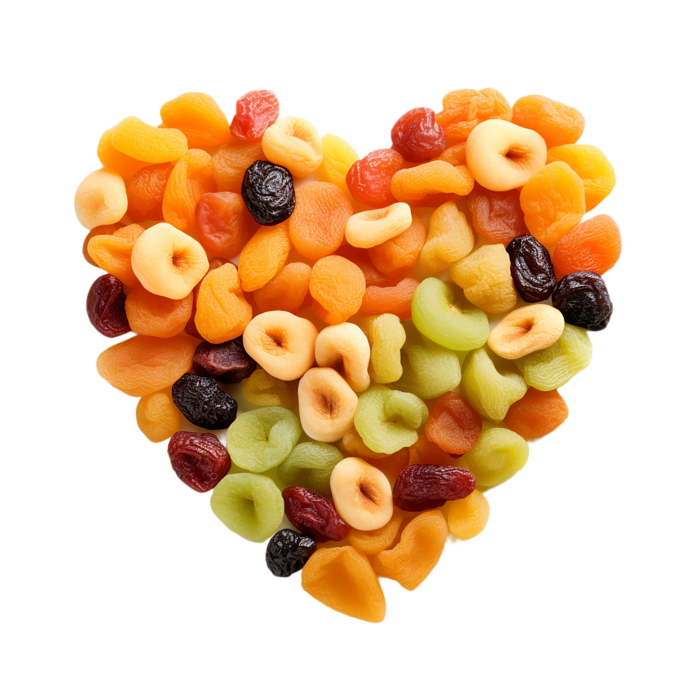 AI generated fresh dried fruits and nuts in heart shape on transparent background PNG image