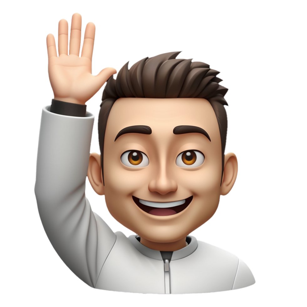 AI generated 3d person cartoon emoji with a smile raising his hand on transparent background PNG image