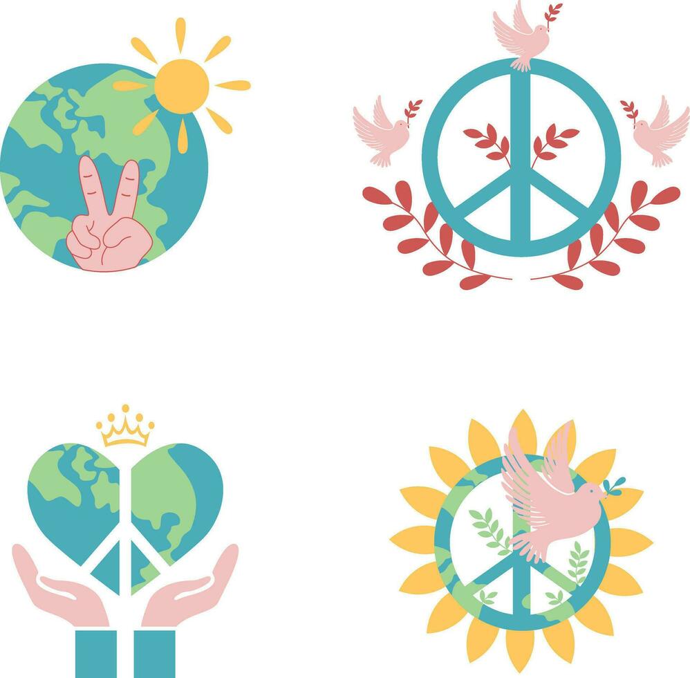 World Peace Day Sticker Set. In Flat Design. Isolated Vector. vector