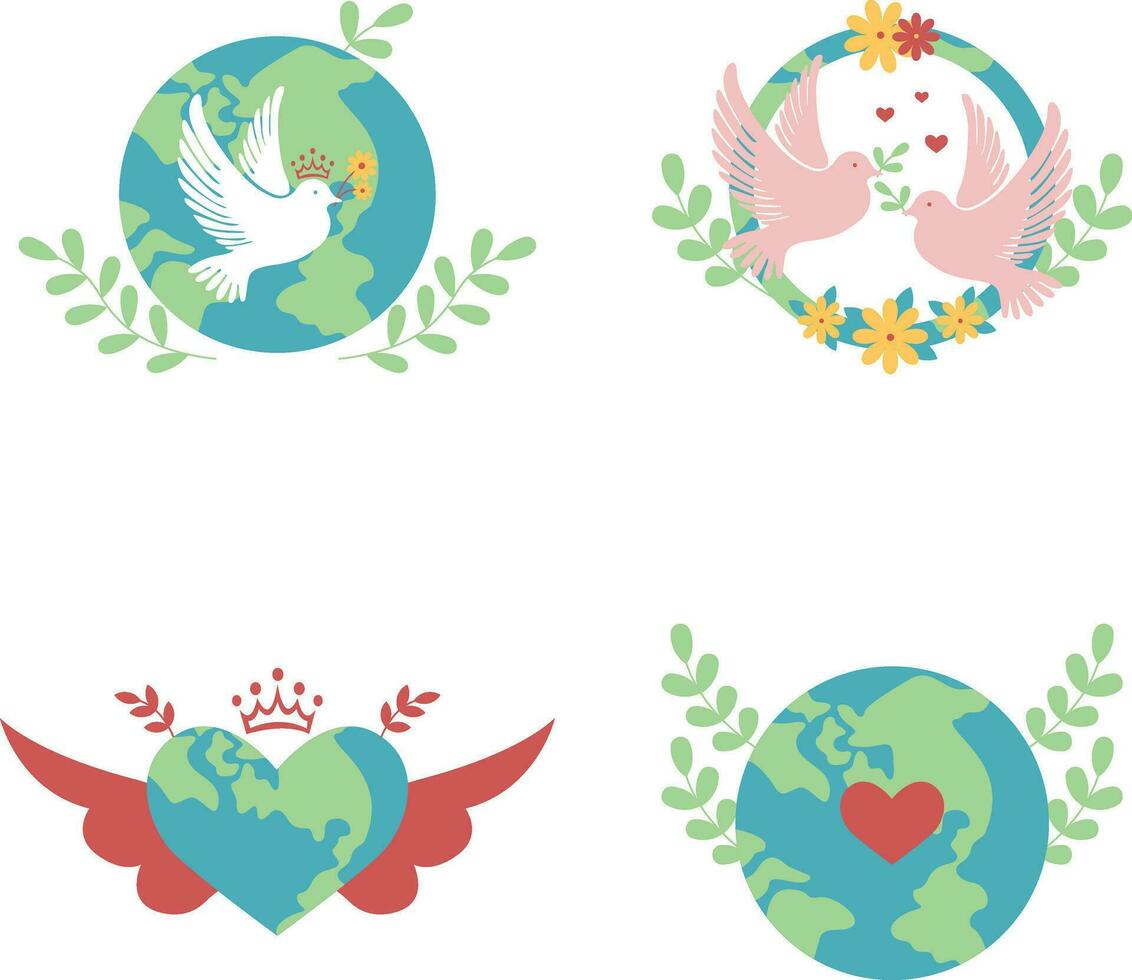 World Peace Day Sticker Set. In Flat Design. Isolated Vector. vector