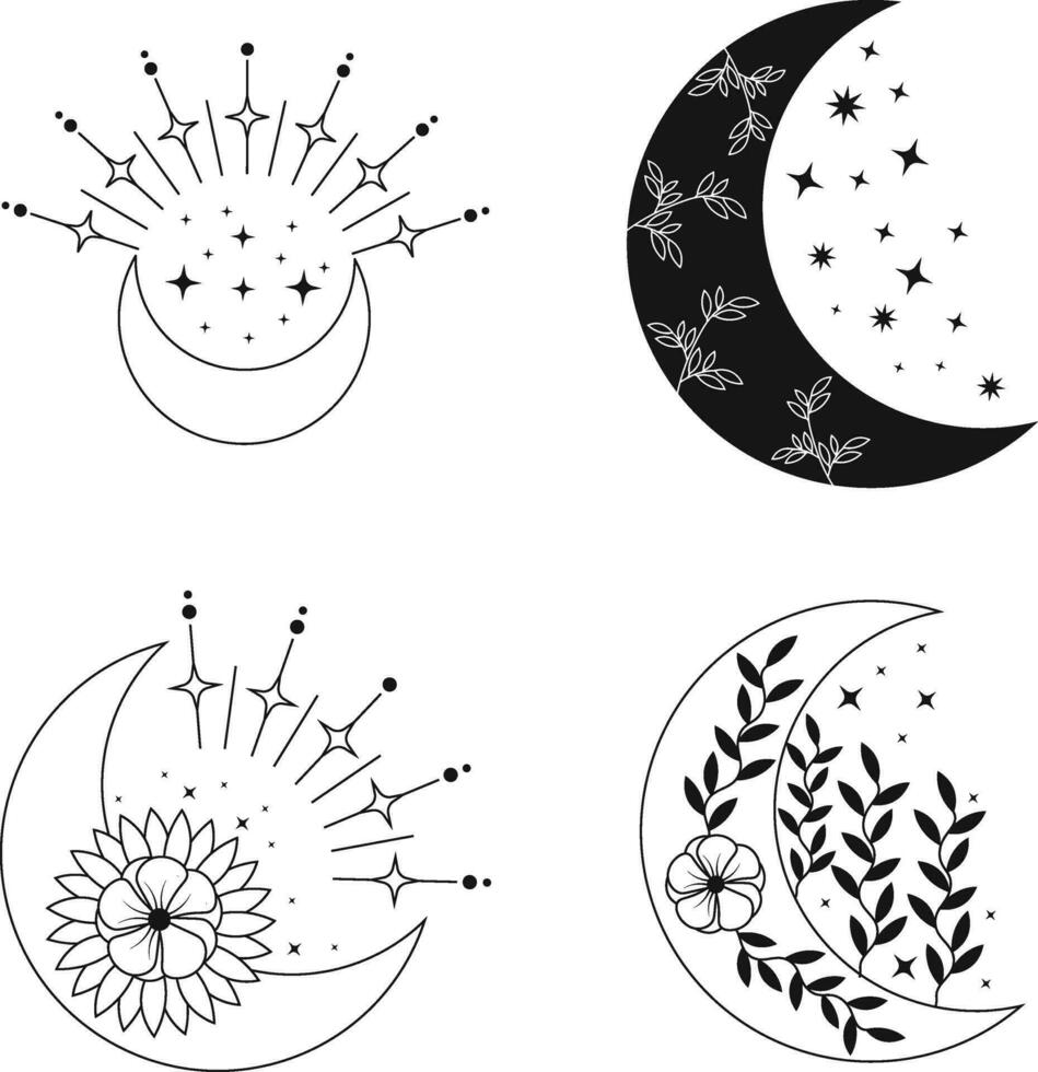 Collection of Celestial Moon Decoration. Isolated On White Background. Vector Icon.