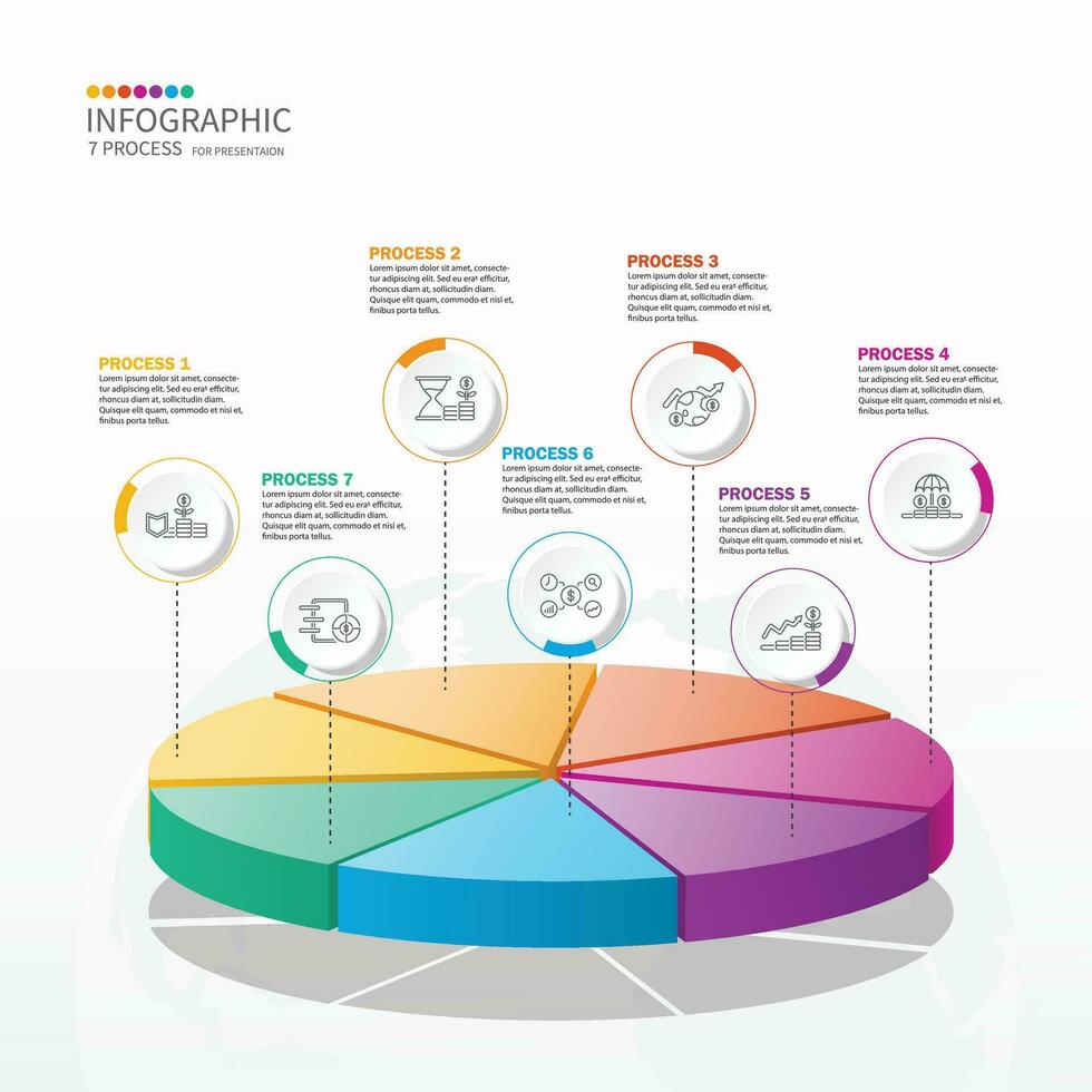 Basic circle 3D infographic template with 7 steps, process or options, vector