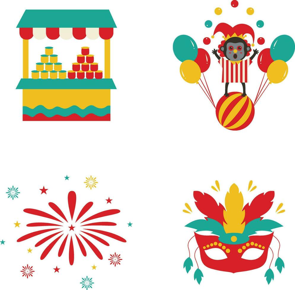 Vintage Carnival Circus With Different Shape and Color. Cartoon Design. Isolated Vector Set.