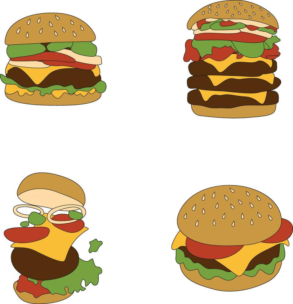 Burger Food Illustration In Trendy Design. Isolated On White Background, Vector Icon Set.