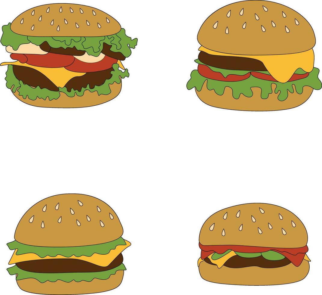 Burger Food Illustration In Trendy Design. Isolated On White Background, Vector Icon Set.