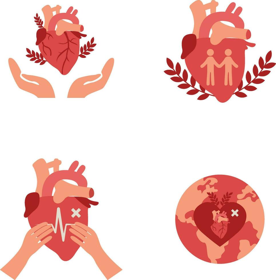 World Heart Day Sticker Set. Isolated On White Background. Vector Illustration.