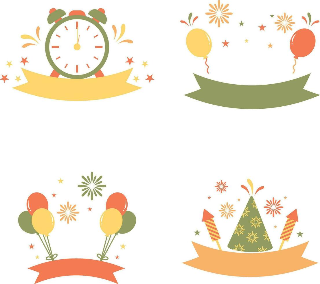New Year Party badge Sticker Set. Isolated On White Background. Flat Design. Vector Illustration