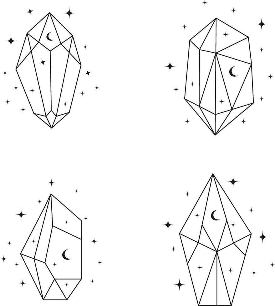 Collection of Celestial Crystal Outline. Abstract Decoration. Isolated Vector. vector
