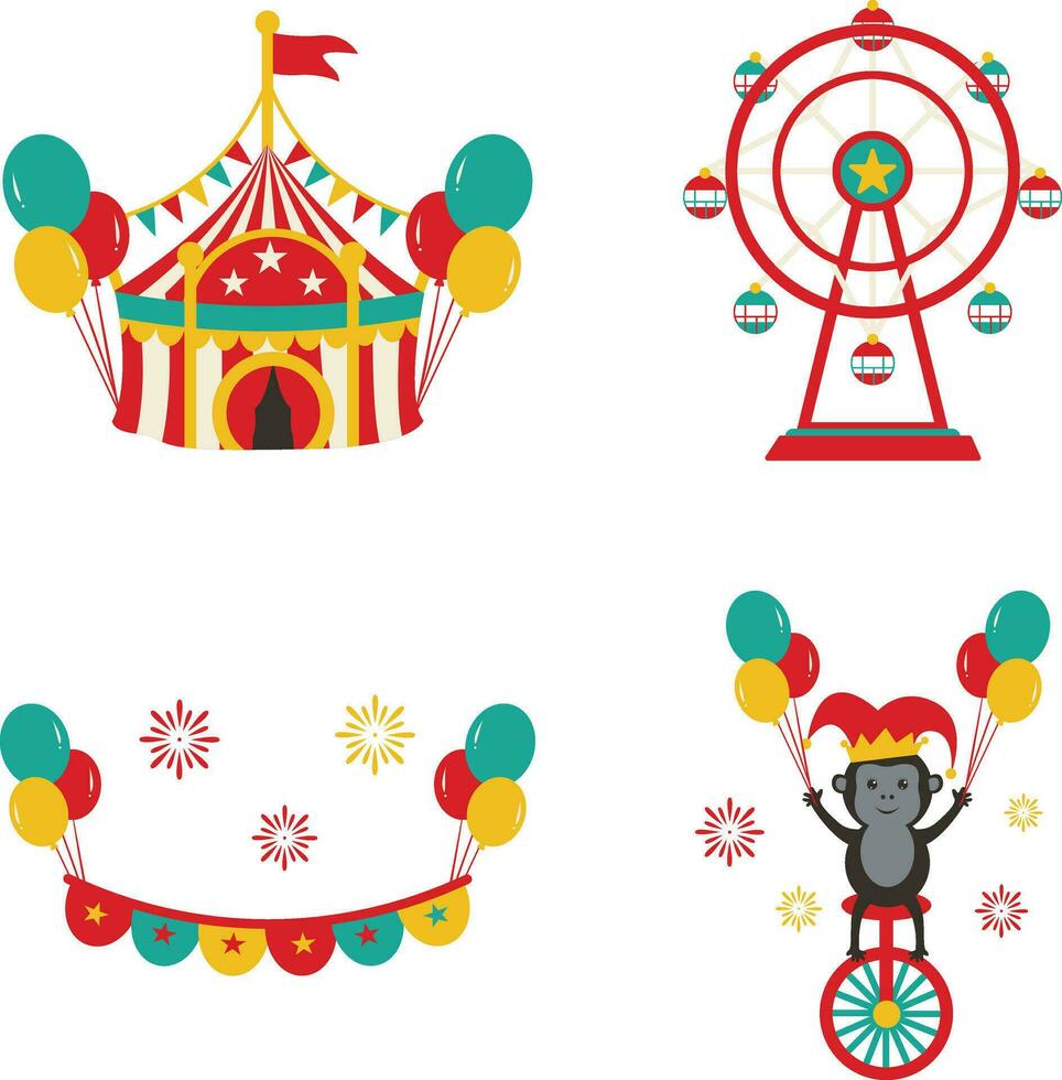 Vintage Carnival Circus With Different Shape and Color. Cartoon Design. Isolated Vector Set.