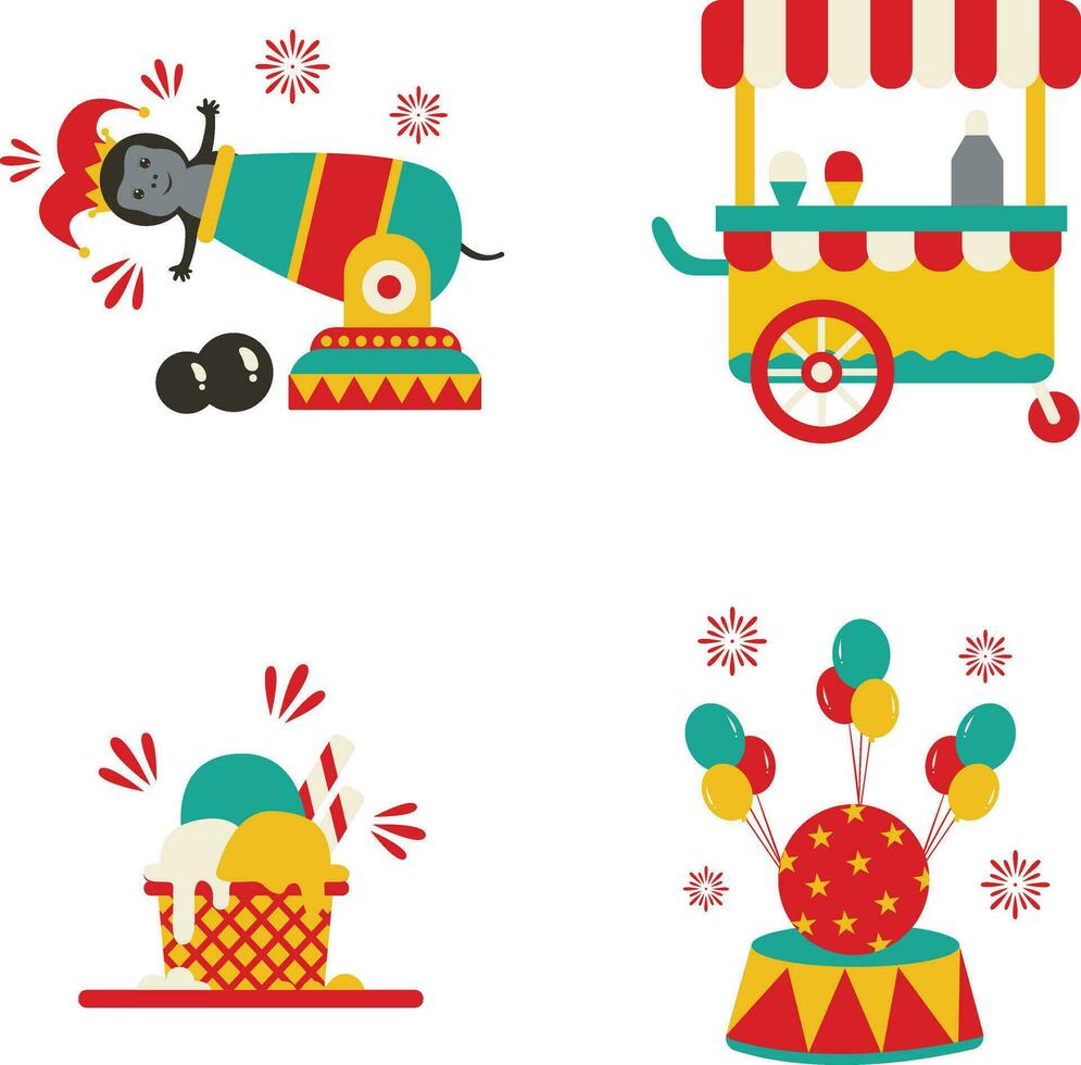 Vintage Carnival Circus With Different Shape and Color. Cartoon Design. Isolated Vector Set.