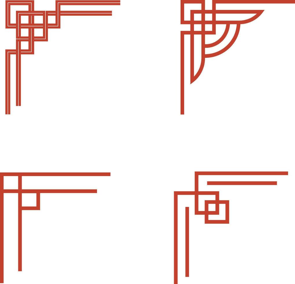 Chinese Traditional Corner In Geometric Shape. Oriental Frame Design. Isolated Vector Set.