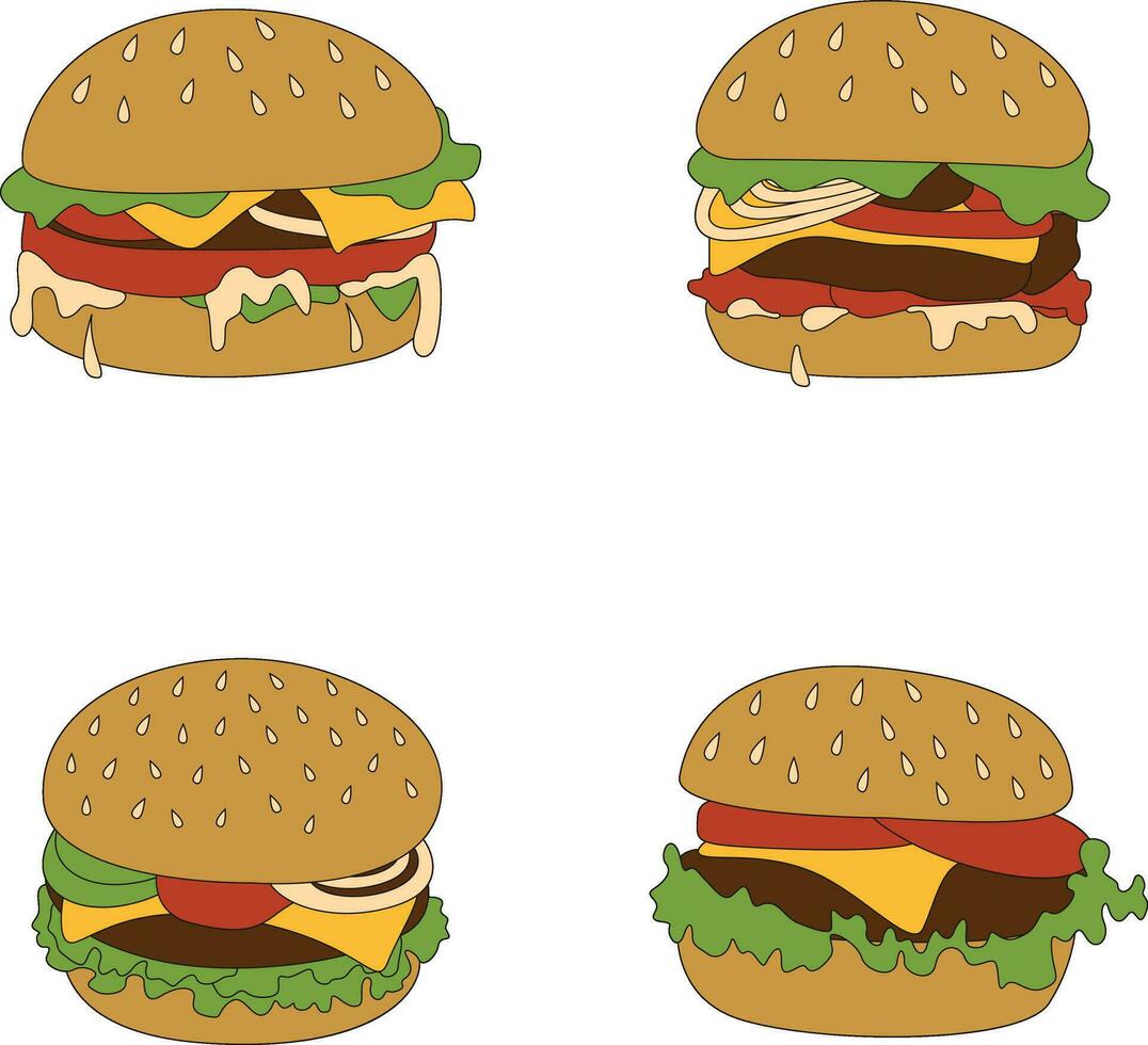 Burger Food Illustration In Trendy Design. Isolated On White Background, Vector Icon Set.