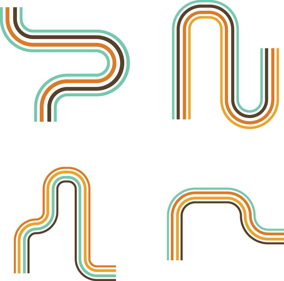 Retro Groovy Lined With Different Shape. Isolated On White Background. Vector Illustration Set.