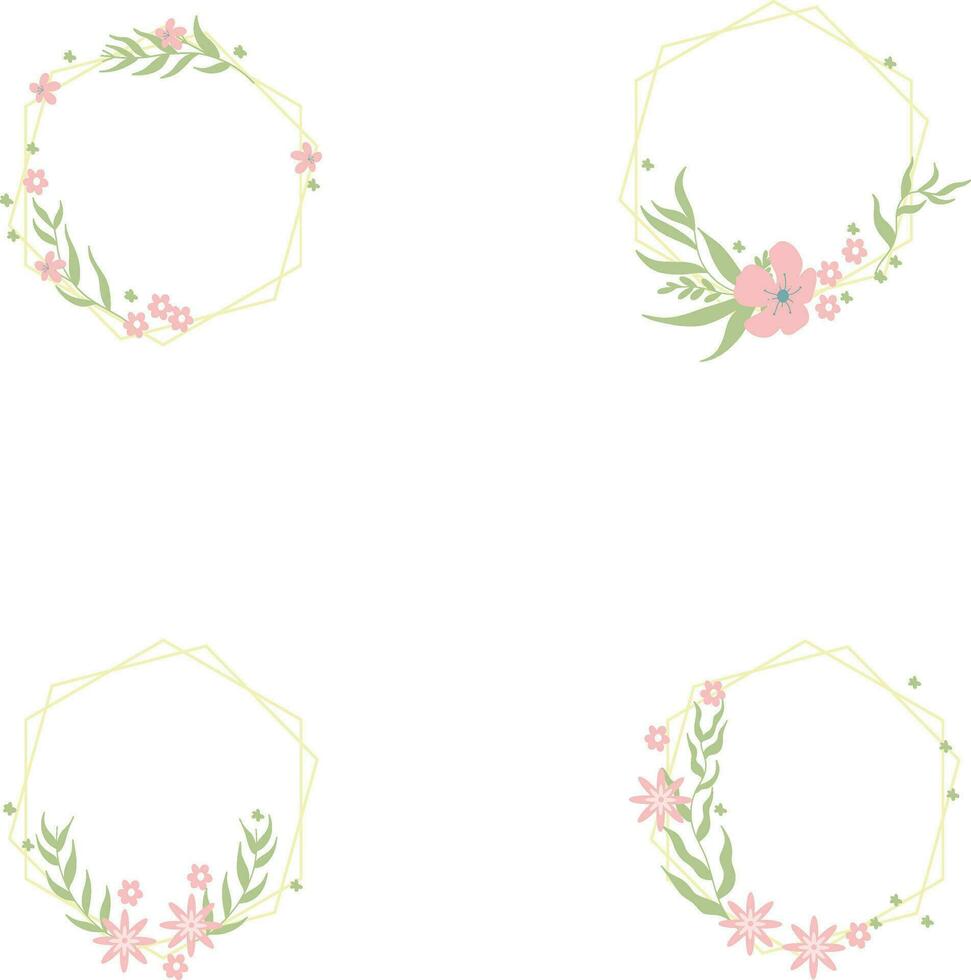 Floral Polygon Frame In Aesthetic Design. Vector Illustration Set.