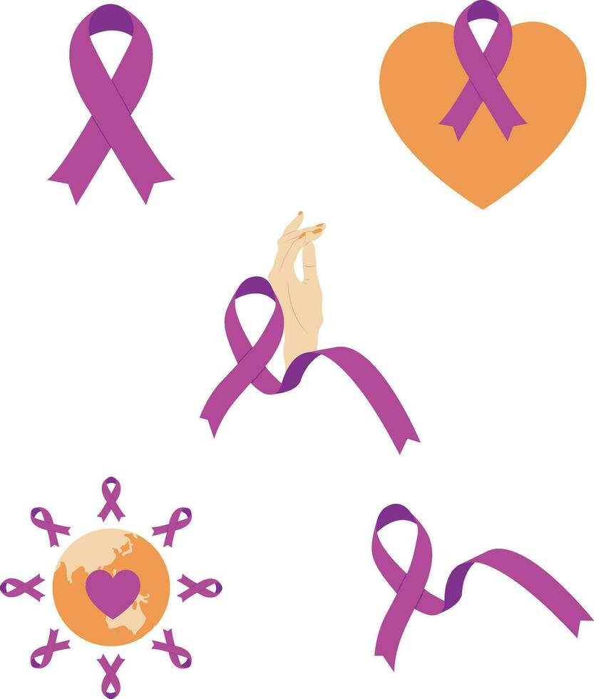 World Cancer Free Day Collection. With Hands, Ribbons, and Hearts. Isolated Vector