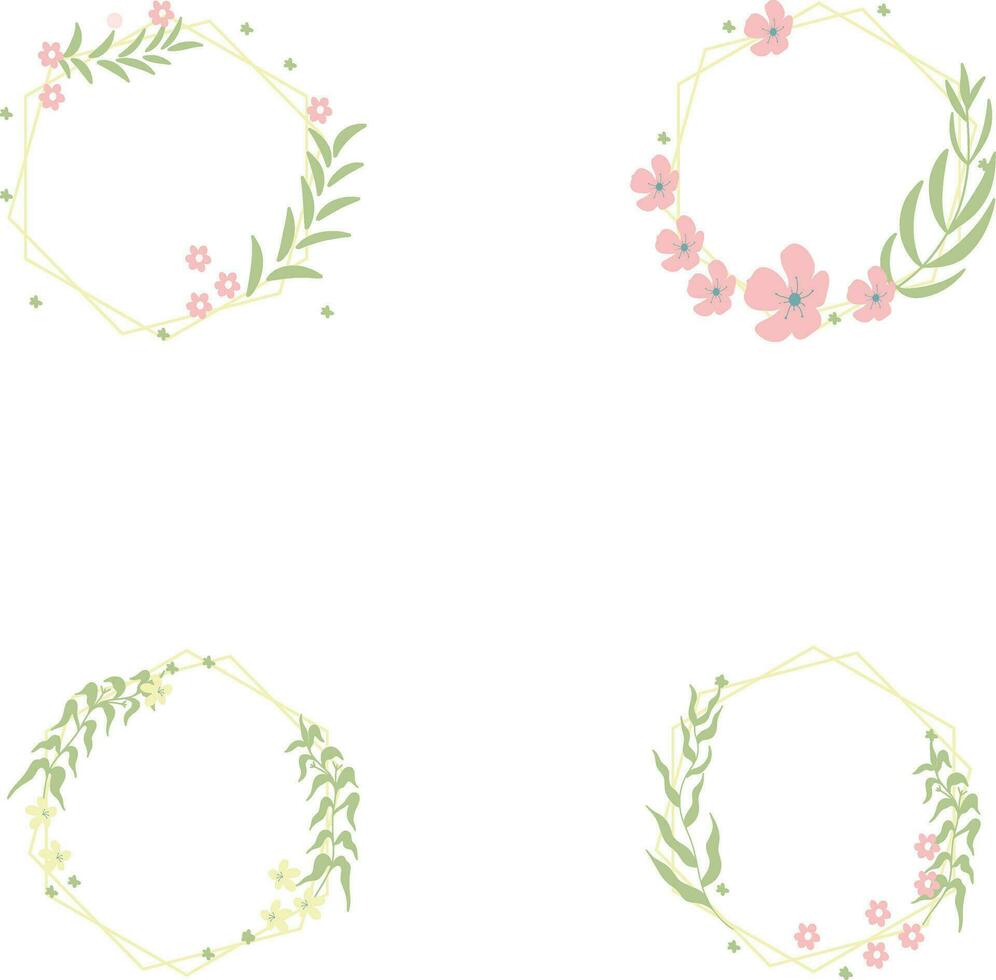 Floral Polygon Frame In Aesthetic Design. Vector Illustration Set.